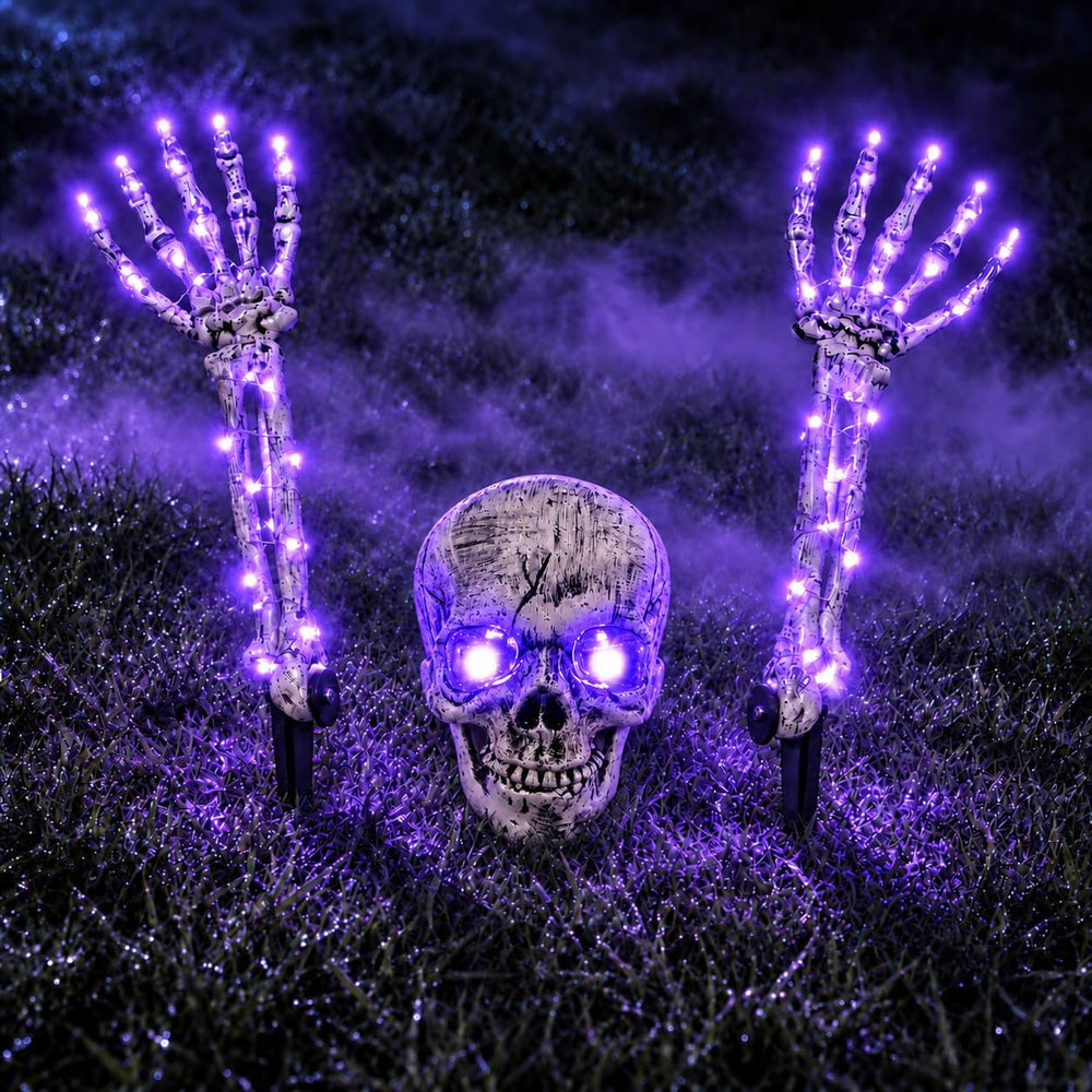 Halloween Decoration Outdoor, 3-Piece Purple LED Skeleton Stake Set