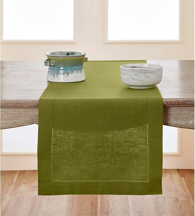 Solino Home Linen Table Runner 120 Inches Long - 100% Pure Linen Avocado Green Table Runner 14 x 120 Inch for Fall, Autumn, Thanksgiving - Classic Hemstitch