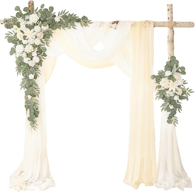Deluxe White Artificial Wedding Arch Flowers with Drapes Kit-Pack of 5, 2pcs Flower Arrangements 3pcs Hanging Sheer Drapes White Ceremony Arbor Reception Backdrop Rose Floral Decorations.
