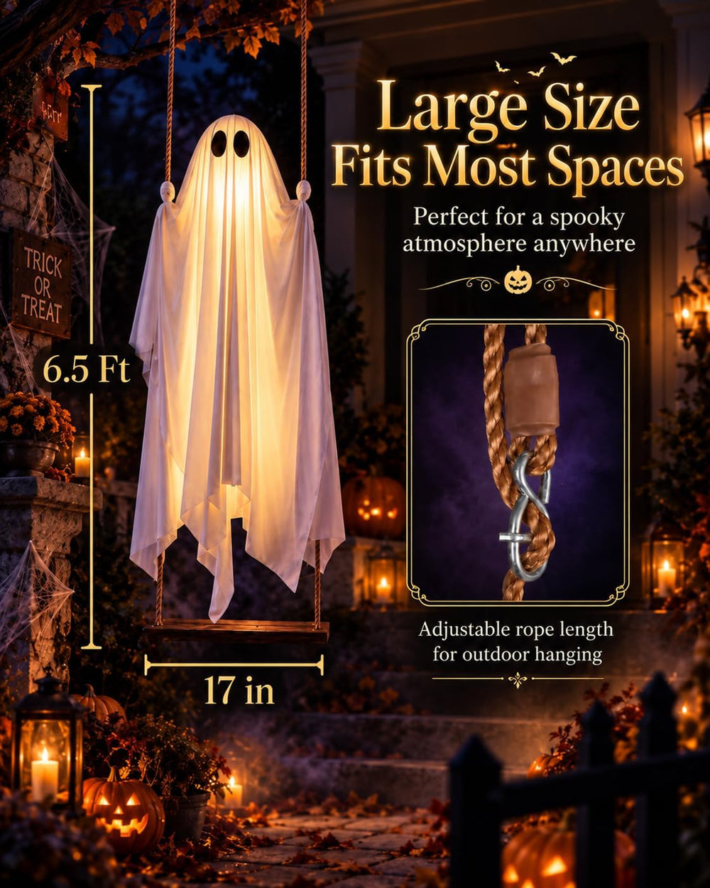 Halloween Decorations Outdoor, 6.5 FT Large Hanging Swinging Ghost Decor