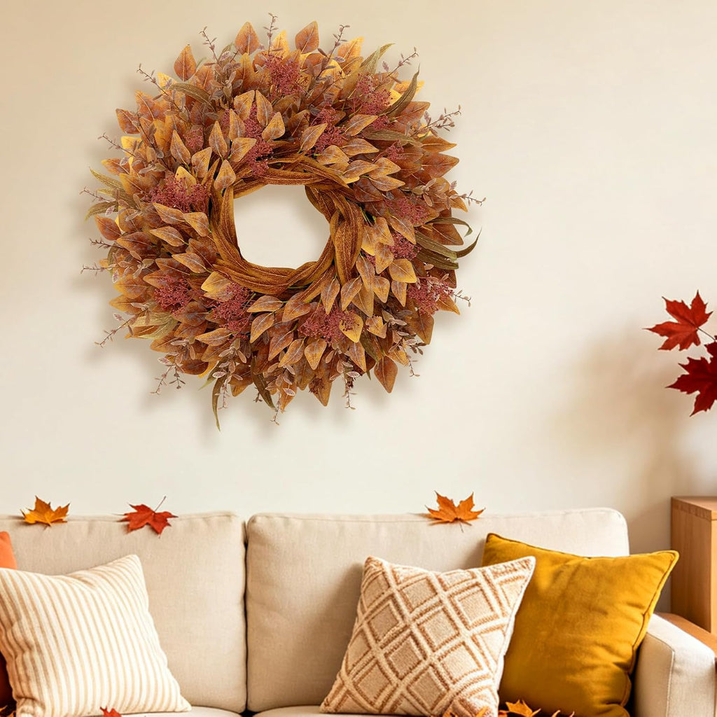 26" Fall Wreaths for Front Door Full Large Eucalyptus Wreath（Orange）
