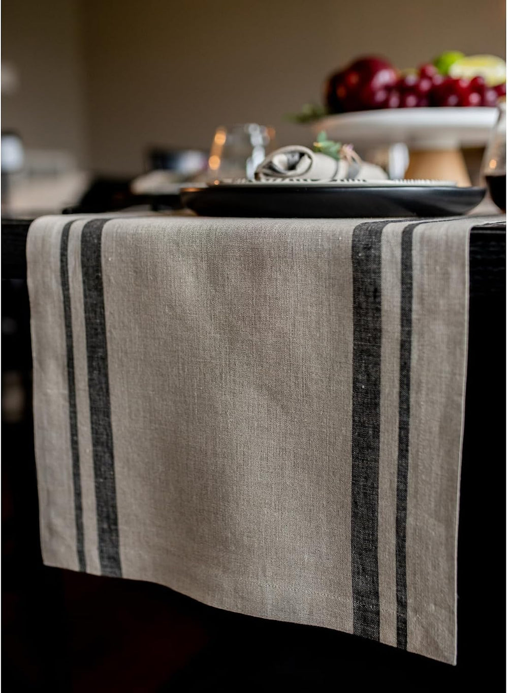 Solino Home 100% Pure Linen Table Runner, 14 x 90 in, Black, French Stripe