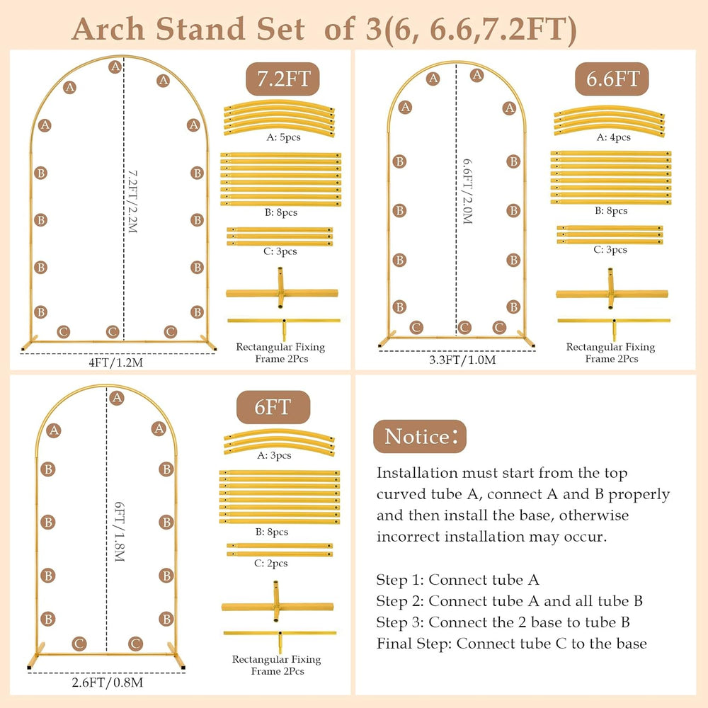 3 Pack Metal Arch Backdrop Stand(7.2 ft, 6.6 ft, 6 ft) Balloon Arbor Frame