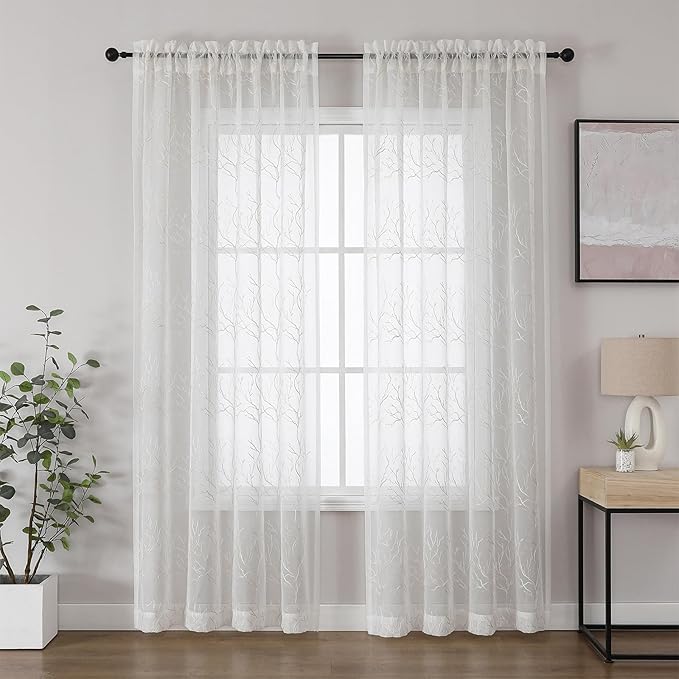 VISIONTEX Sheer Curtains 95 inch Length 2 Panels Set, Decorative Beige Coral Embroidery, Rod Pocket Embroidered Window Drapes for Living Room and Bedroom, 54" x 95"