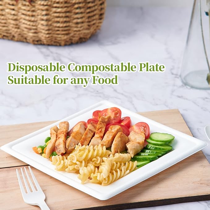 ECOLipak 120 Pack Compostable Paper Plates, 10 inch and 8 inch Heavy Duty Eco friendly Sugarcane Biodegradable Disposable Square Plates for Party Dinner Birthday