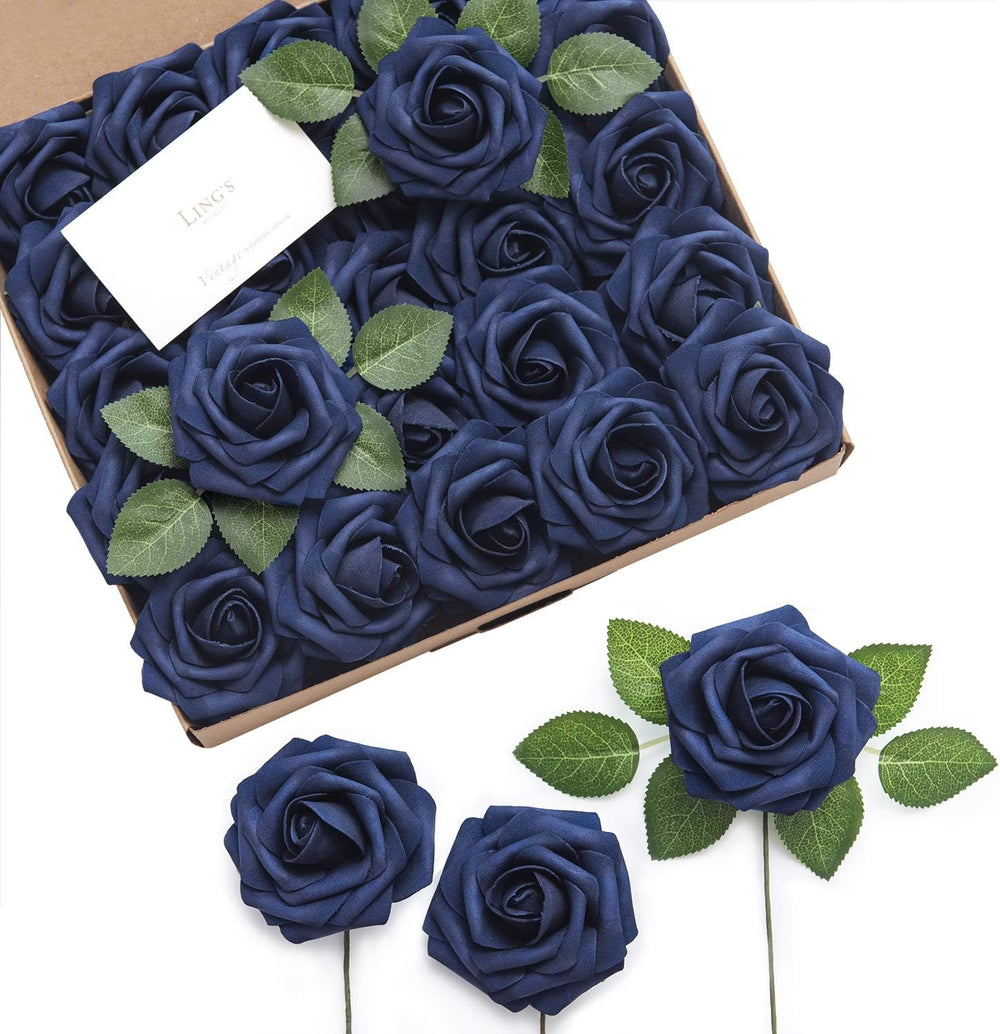 Ling's moment Artificial Flowers 50Pcs Navy Blue Roses Decor w/Stems