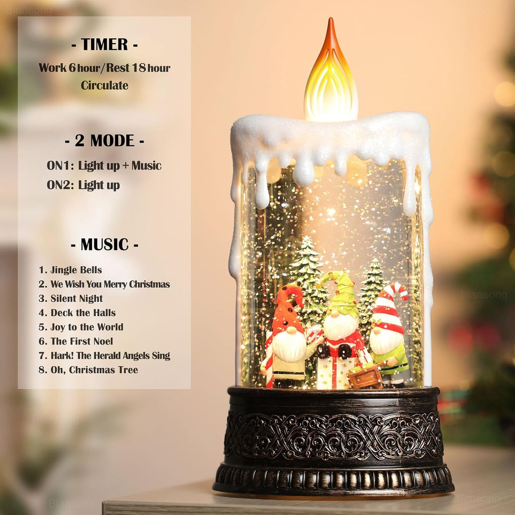 Gnome Snow Globe Candle Christmas Decorations Gifts Auto Snowfall Glitter Music Collection with 6H Timer USB/Battery Powered 9.7 inch