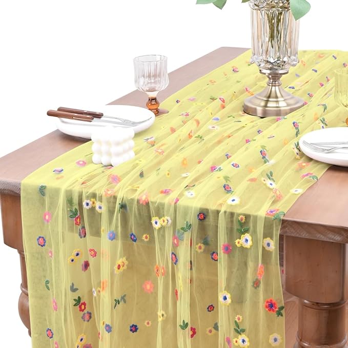 Joanlody 3pcs Yellow Embroidery Daisy Fall Thanksgiving Table Runner Florals Seasonal Tulle Table Runner Holiday Kitchen Dining Table Decoration Wedding Party