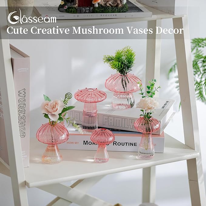 Glasseam Mushroom Plant Propagation Stations: Pink Glass Terrarium Jar Set of 5 Cute Planters for Indoor Plants Decorative Propagate Vase Unique Gifts for Women Home Office Decor