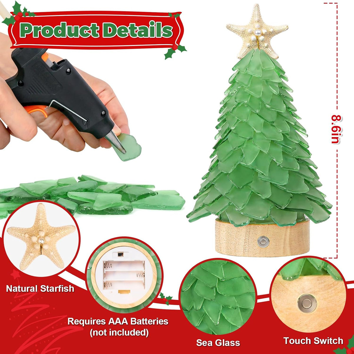 green sea glass christmas tree - handcrafted mini, side view