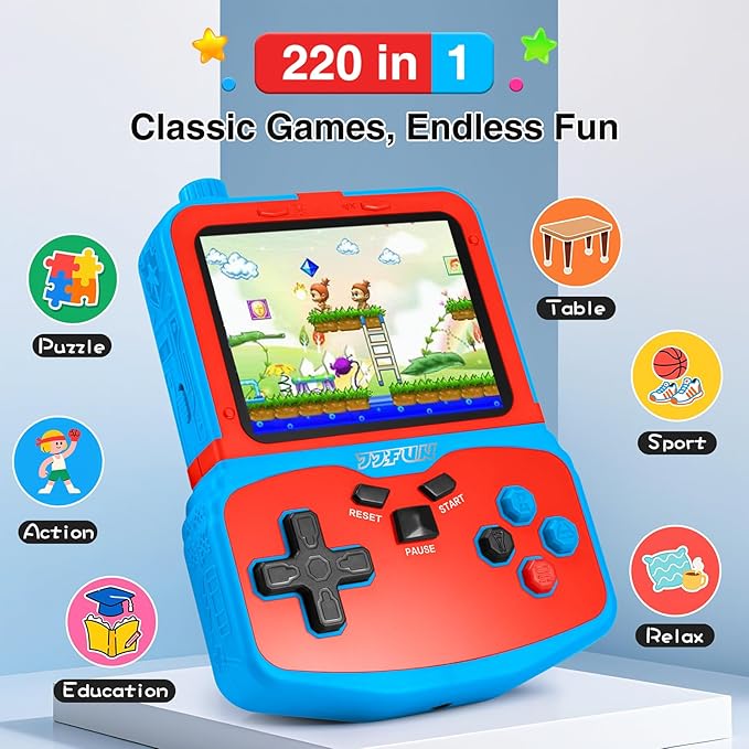 Portable Video Game Console for Kids, 220 Built-in Classic Retro Games, Handheld Plug & Play Player with 3.5'' IPS Screen, Rechargeable Travel Toy Birthday Gift for Boys & Girls- Blue
