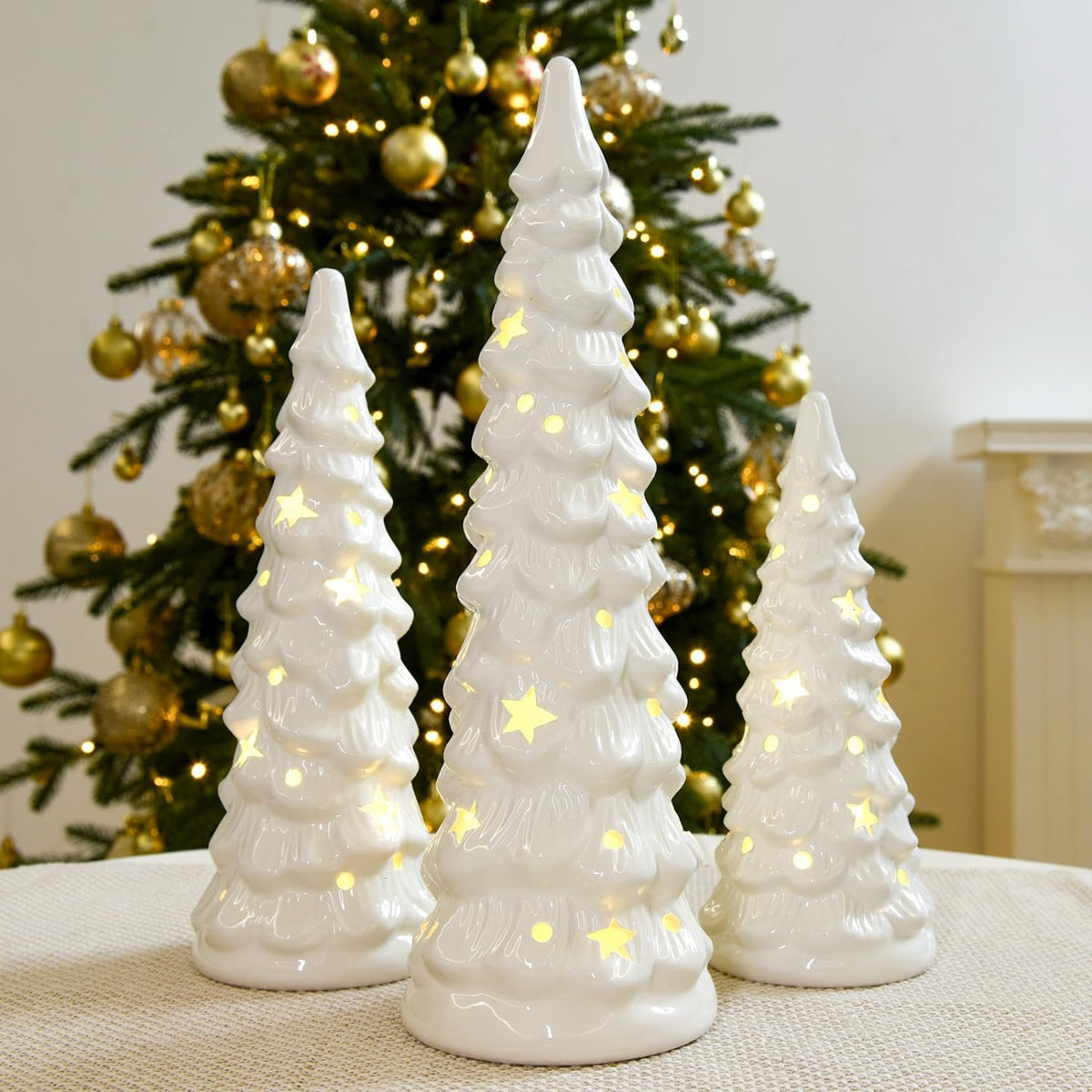 Set of 3 White Ceramic Christmas Trees that Light Up Decorations