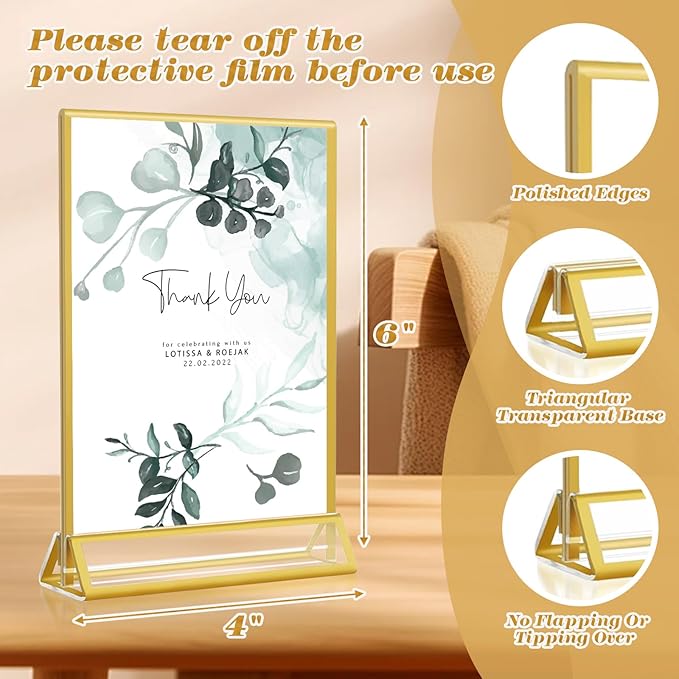 Gold Acrylic Sign Holder 4x6, 16 Pack Wedding Gold Frame Table Number Holders Vertical, Clear Picture Frames Flyer Stands Tables Menu Holder, Double Photo Paper Display Holder for Party, Home, Office