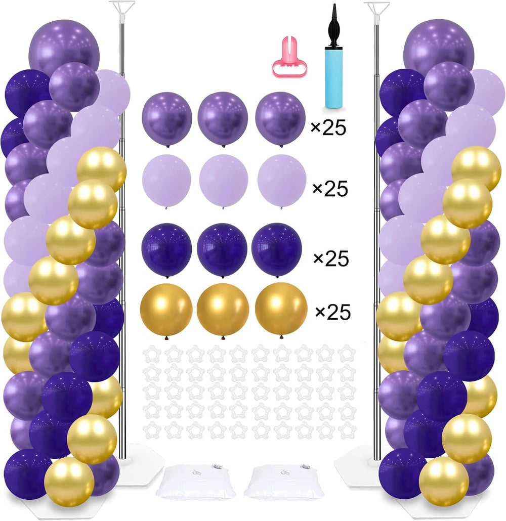 2 Balloon Arch Column Stand Kit, 100 Balloons, 6ft Adjustable, Purple Party