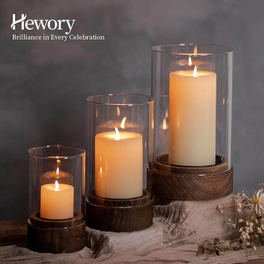 Hewory Hurricane Glass Candle Holders: 3PCS Wooden Brown Candle Holders
