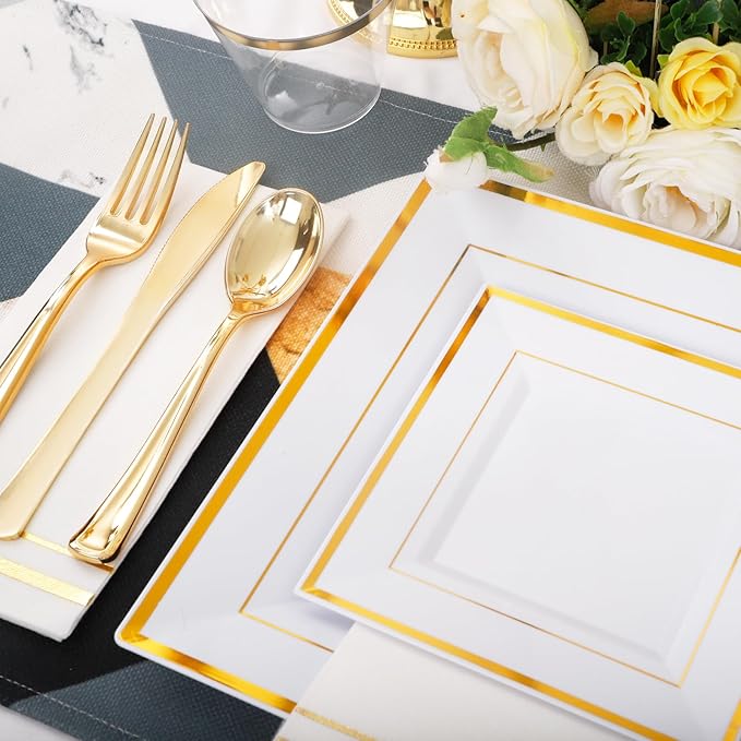 Festiva 350Pcs Gold Plastic Plates - Disposable Square Gold Plates Dinnerware set include 9.5"/6" Plates,Cups,Plastic Cutlery,Hand Napkins Perfect for 50 guests Party&Wedding&Birthday