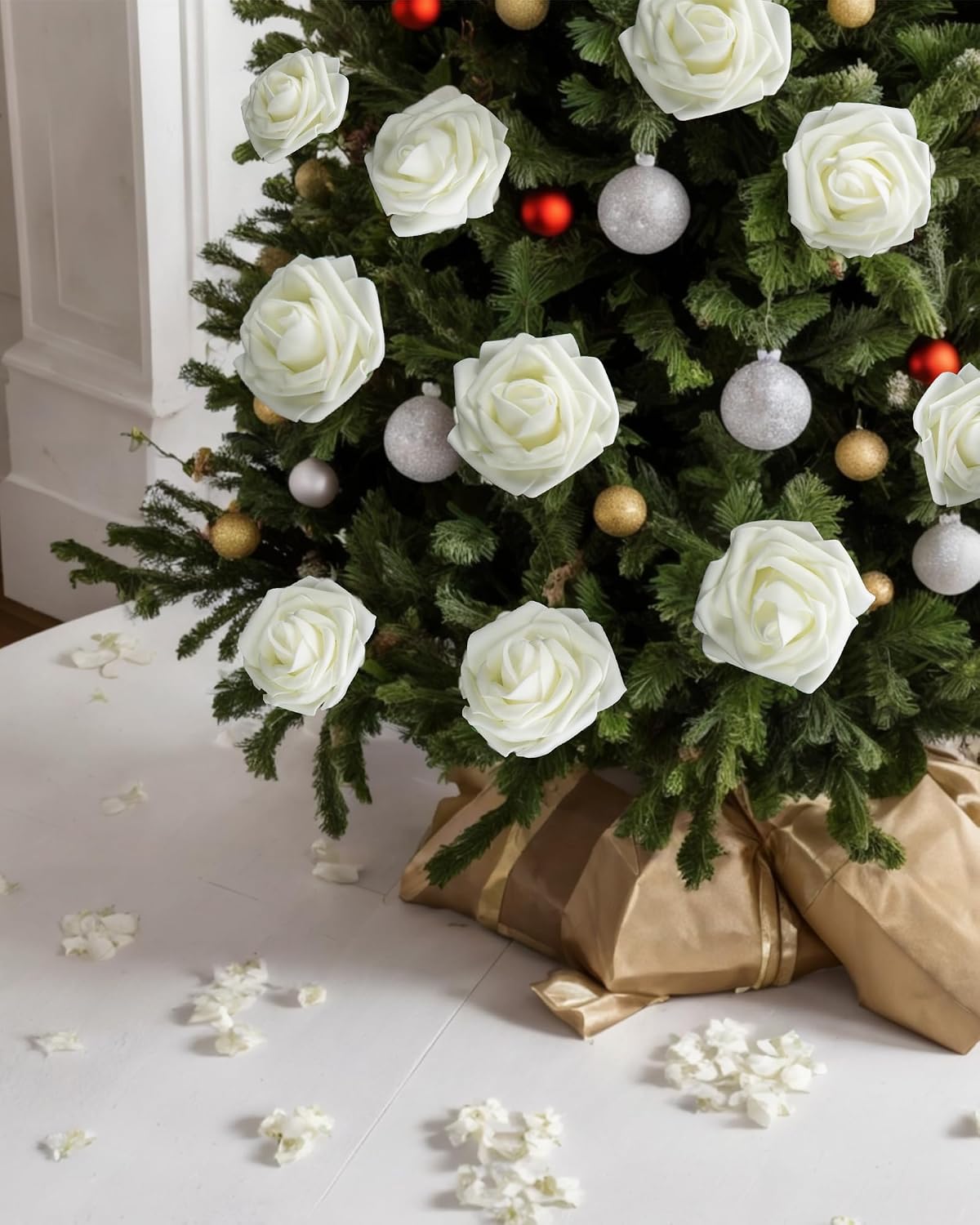 100Pcs Artificial Flowers Real Looking Ivory White Foam Fake Roses w/ Stems