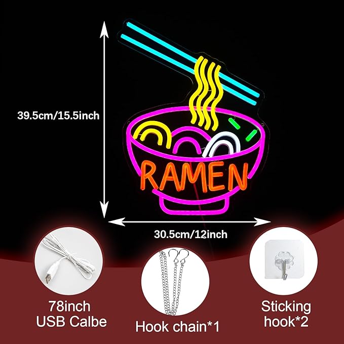 Ramen Neon Sign Dimmable LED Ramen Neon Light for Wall Decor Delicious Noodle Light Up Sign for Ramen Shop Resturant Dinning Room Kitchen (12"*15.5"USB)