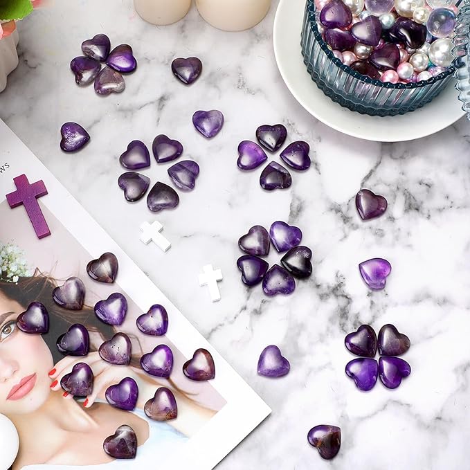 Gerrii 50 Pcs Heart Healing Stone Bulk Quartz Heart Inspirational Stones Gift for Women Love Pocket Polished Natural Energy Balancing Meditation 0.8 Inch(Purple)