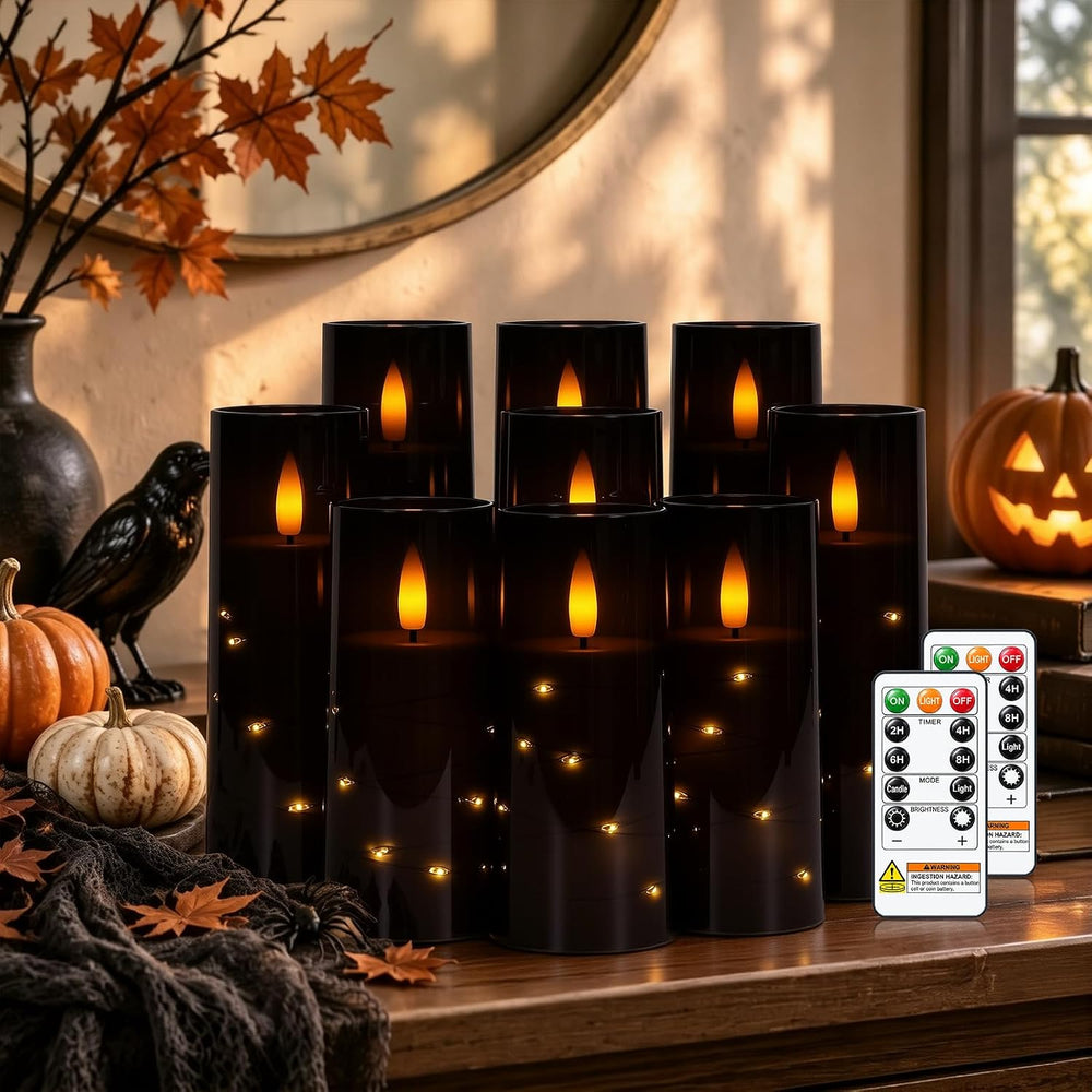 Raycare 9 Pcs Black Halloween Flameless Pillar Candles with Remote Timer