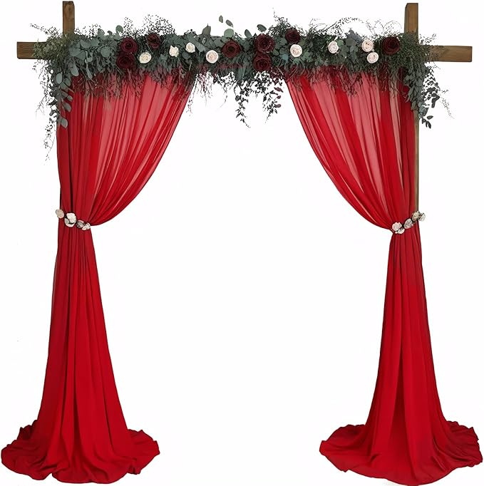 DUOBAO Red Chiffon Backdrop Curtain - 2 Panels 58x120-Inch, Elegant Wedding & Party Decor, 10FT Long Sheer Drapes for Living Room & Photography