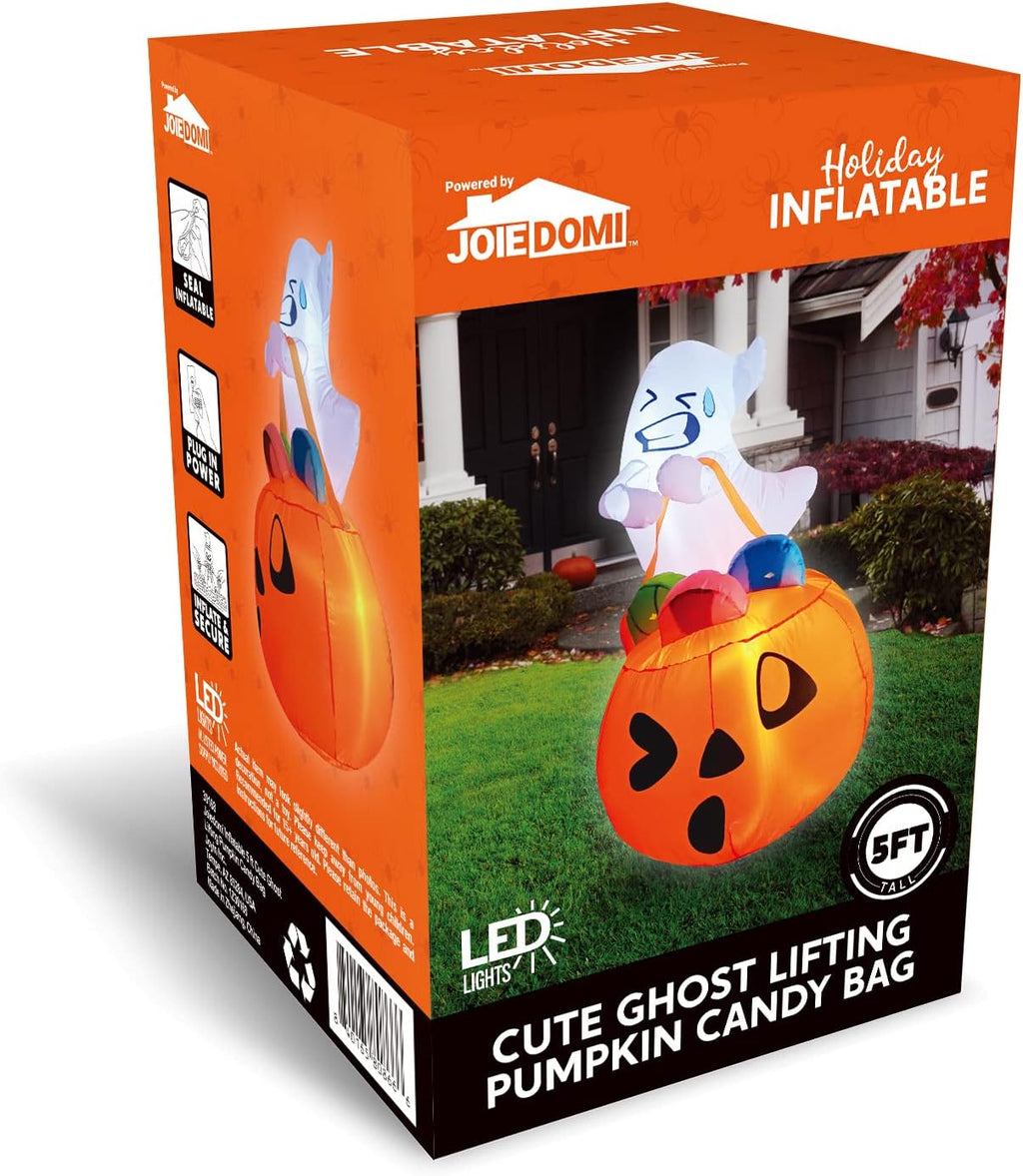 Joiedomi 5 FT Tall Halloween Inflatables Outdoor Decorations, Inflatable Cute Ghost Halloween Decor Outdoor, Blow Up Ghost Lift Pumpkin Candy Bag with Build-in LEDs for Yard Decorations