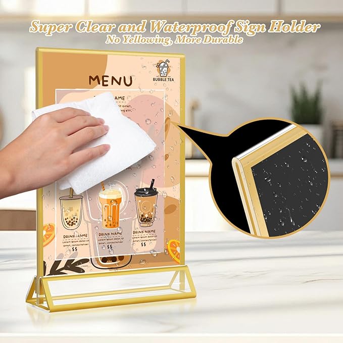 Gold Acrylic Sign Holder 5x7, 16 Pack Wedding Gold Frame Table Number Holders Vertical, Clear Picture Frames Flyer Stands Tables Menu Holder, Double Photo Paper Display Holder for Party, Home, Office