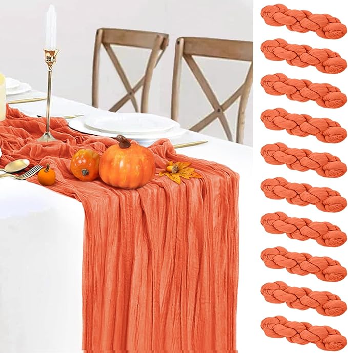 10 Packs Orange Halloween Table Runner Cheesecloth 10FT Fall Burnt Orange Cheese Cloth Table Runner Sheer Boho Rustic Gauze Table Cloth for Wedding Party Baby Shower Decor