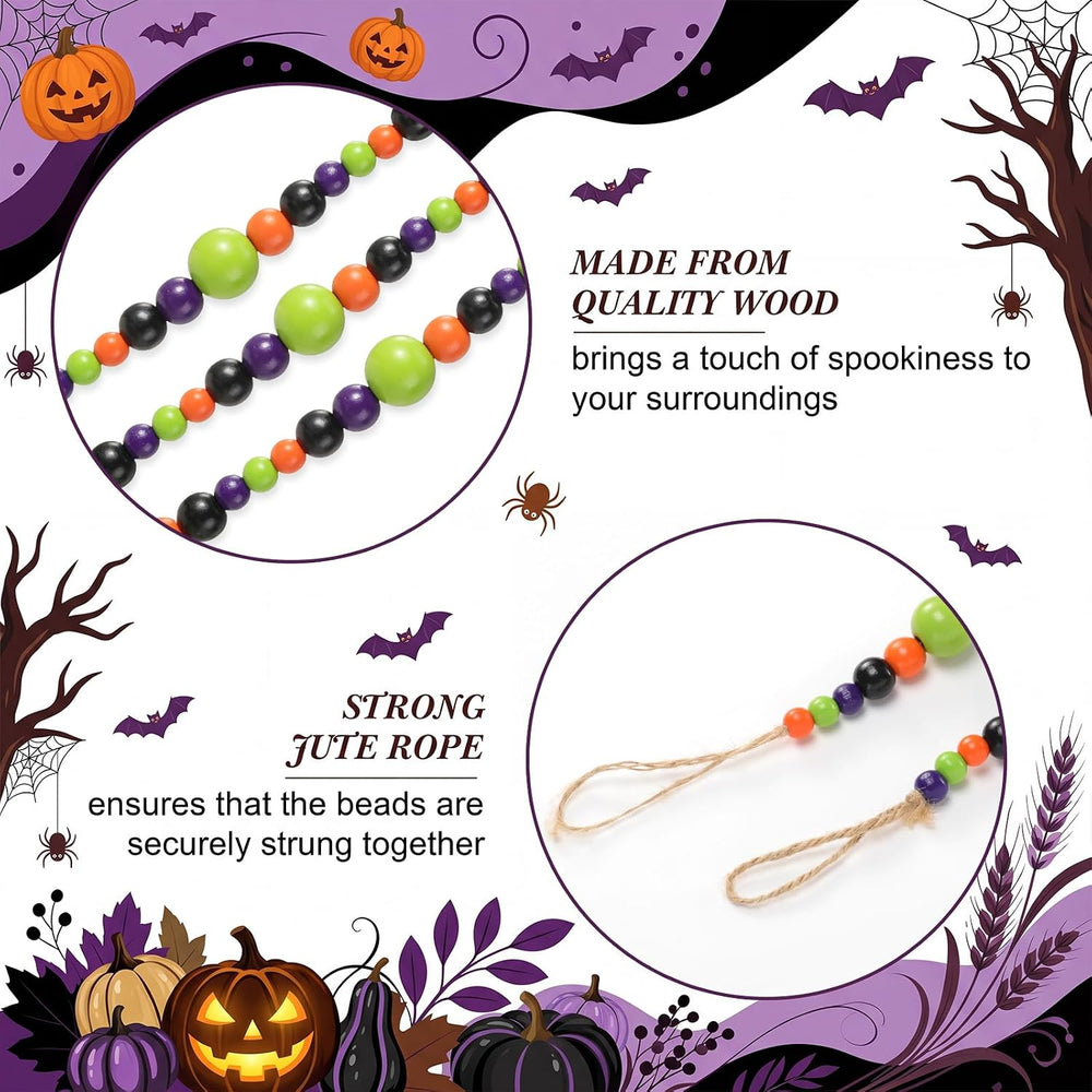 Giegxin 1 Pcs Halloween Wooden Bead Garland, Black, Orange, Green, Purple