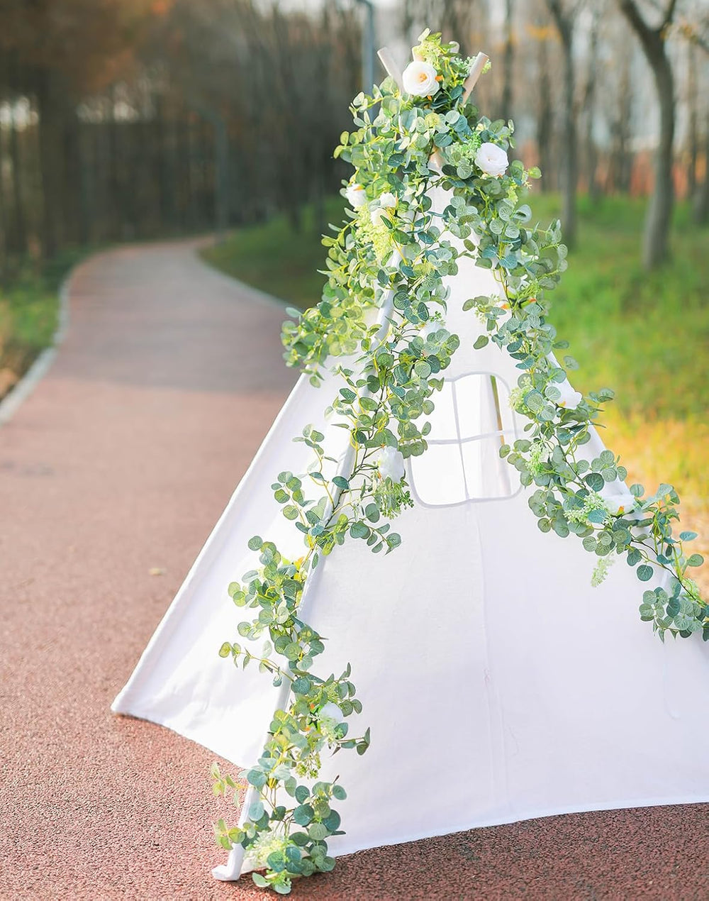 6.56ft Eucalyptus Garland with Flowers-8 White Roses, Artificial Fake Flowers...