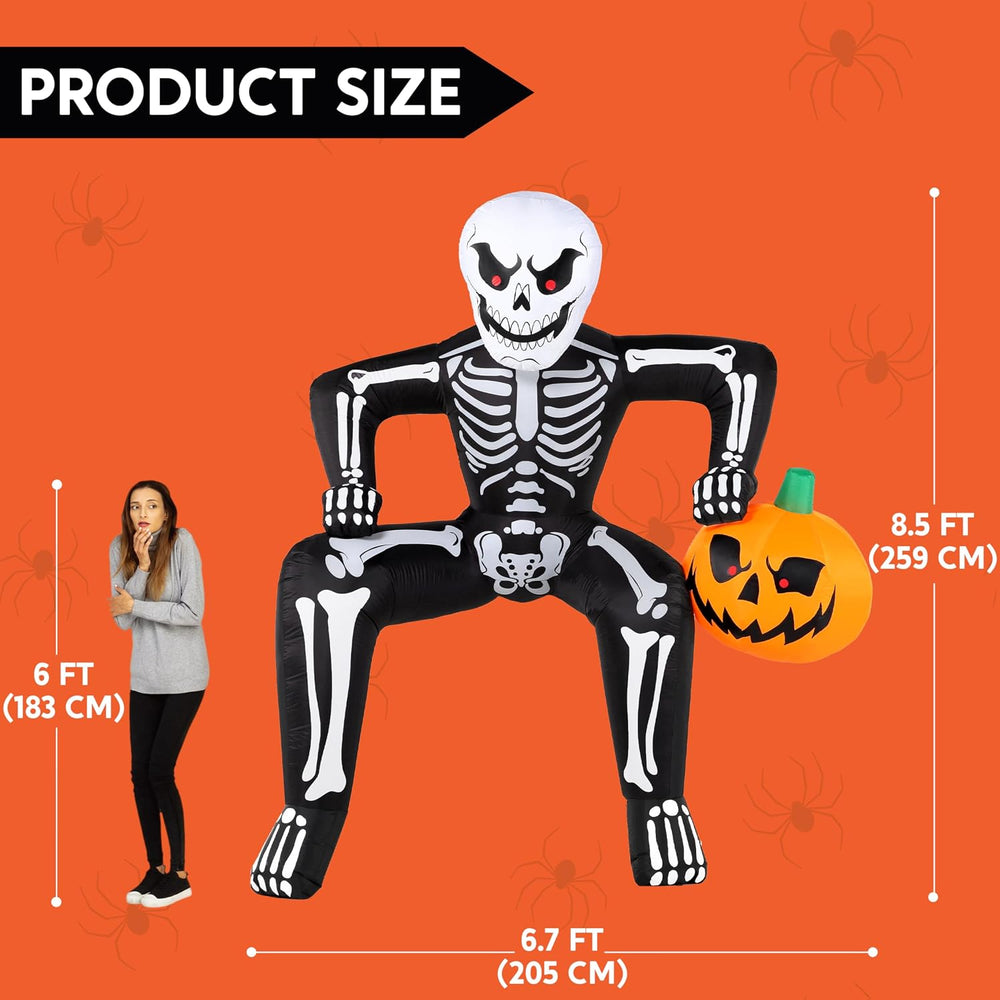 JOYIN 8.5ft Halloween Inflatable Skeleton, Blow Up Skeleton Holding Pumpkin f...