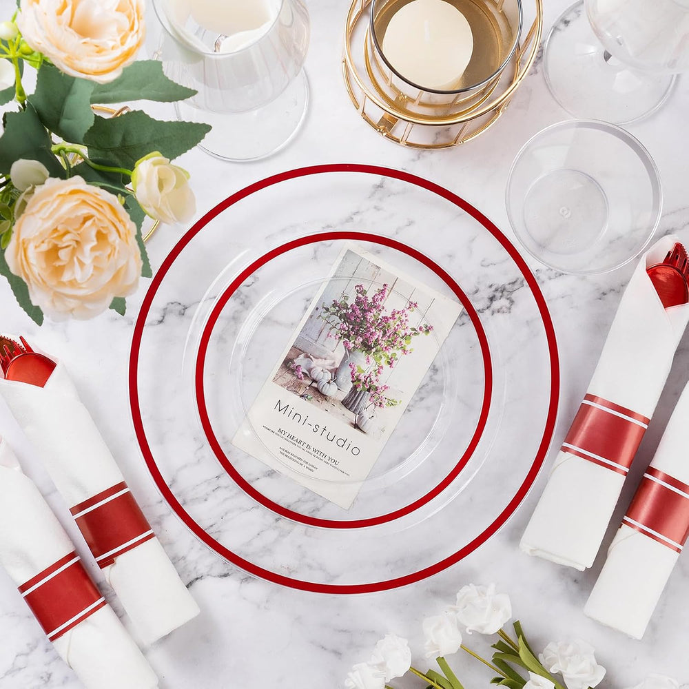 350 Pcs Clear Red Plastic Dinnerware Sets for Party for 50 Guests