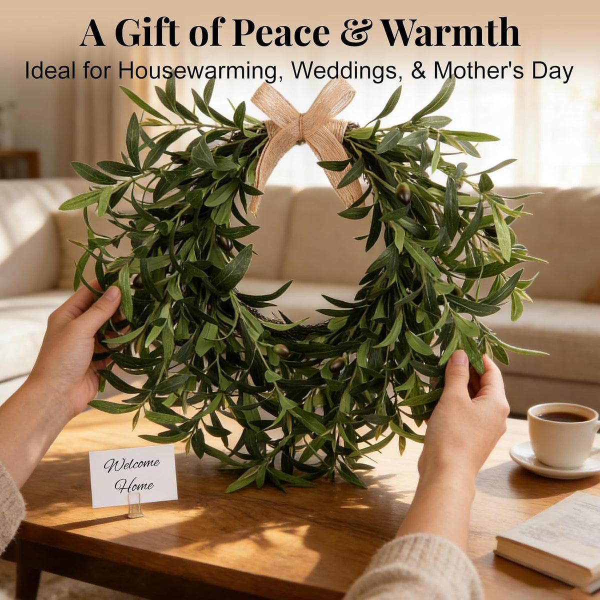 artificial olive wreath for front door - 22 on a desk or shelf