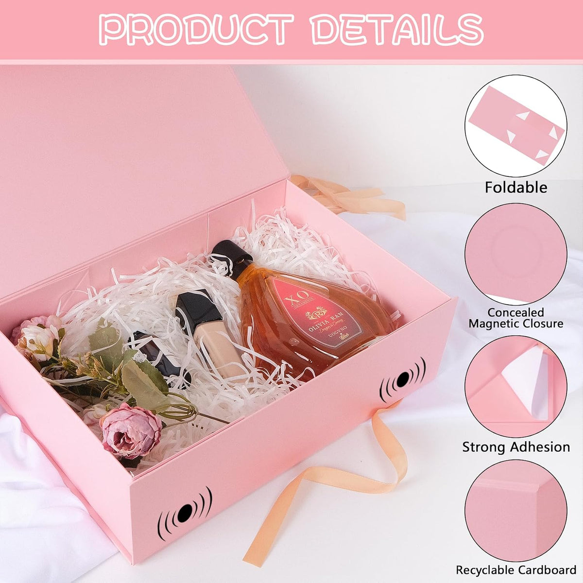 pink gift box with magnetic lids for presents showing dimensions
