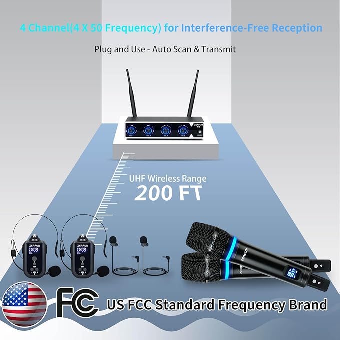 4 Channel Rechargeable Wireless Microphone System, Pro UHF Metal Handheld Headset Lavalier Lapel Cordless Mics for Karaoke Singing Church with VOL Control, 4x50 Adjustable Frequency(G8)
