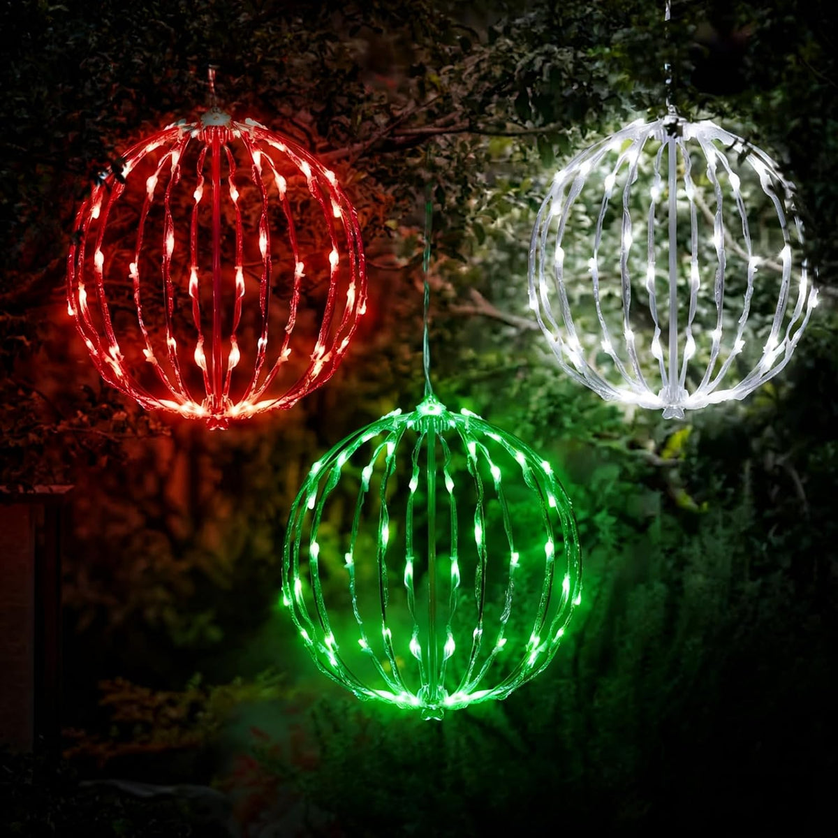 christmas light balls outdoor, foldable hanging holiday decor shown in use
