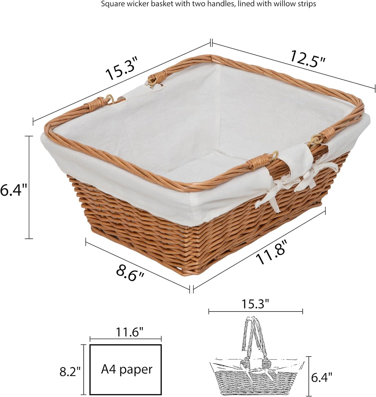 rectangular wicker storage basket with handle & removable, front angle view