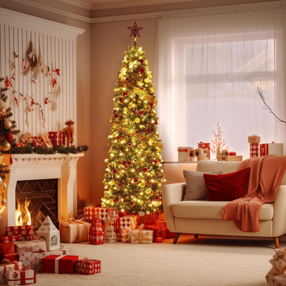 GarveeHome 12 ft Pencil Christmas Tree Pre-lit Slim Holiday Decoration, Skinn...