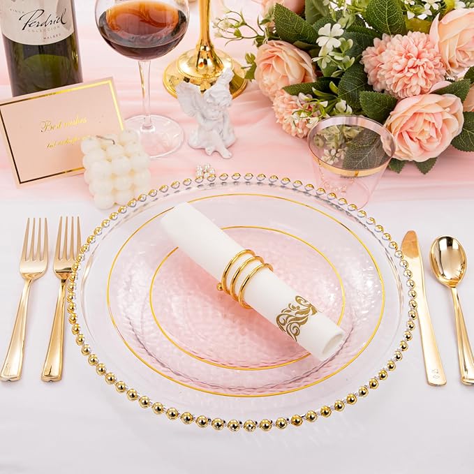 Rubtlamp 175 Pcs Pink Plastic Plates Dinnerware Set (25 Guests), Pink Disposable Plates With Gold Rim, Hammered Party Platos Set Include Dinner Plates, Dessert Plates, Cups, Cutlery for Party