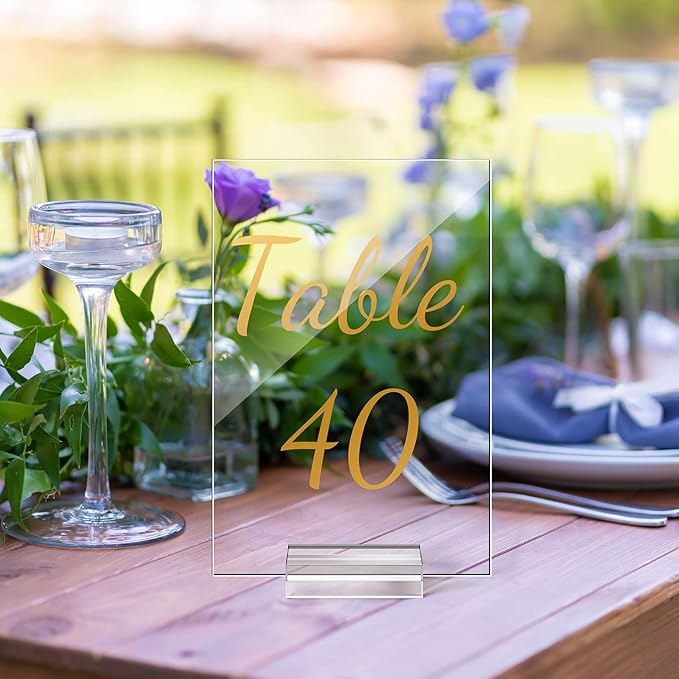 40 Pack Gold Acrylic Wedding Table Numbers 1-40 Clear Stand with Calligraphy Holders - 4 x 6 Inch Acrylic Table Signs for Wedding Reception Centerpieces