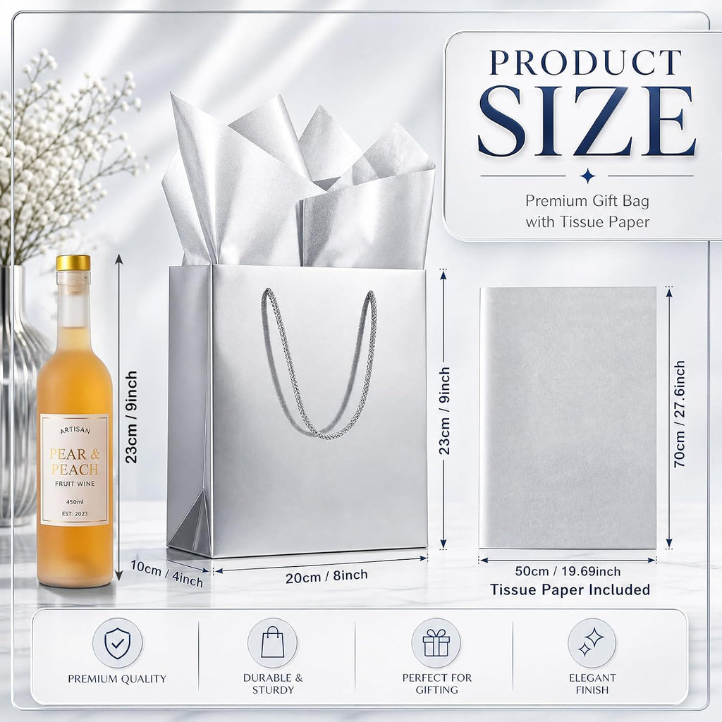 silver gift bags with tissue paper, metallic finish shown in use