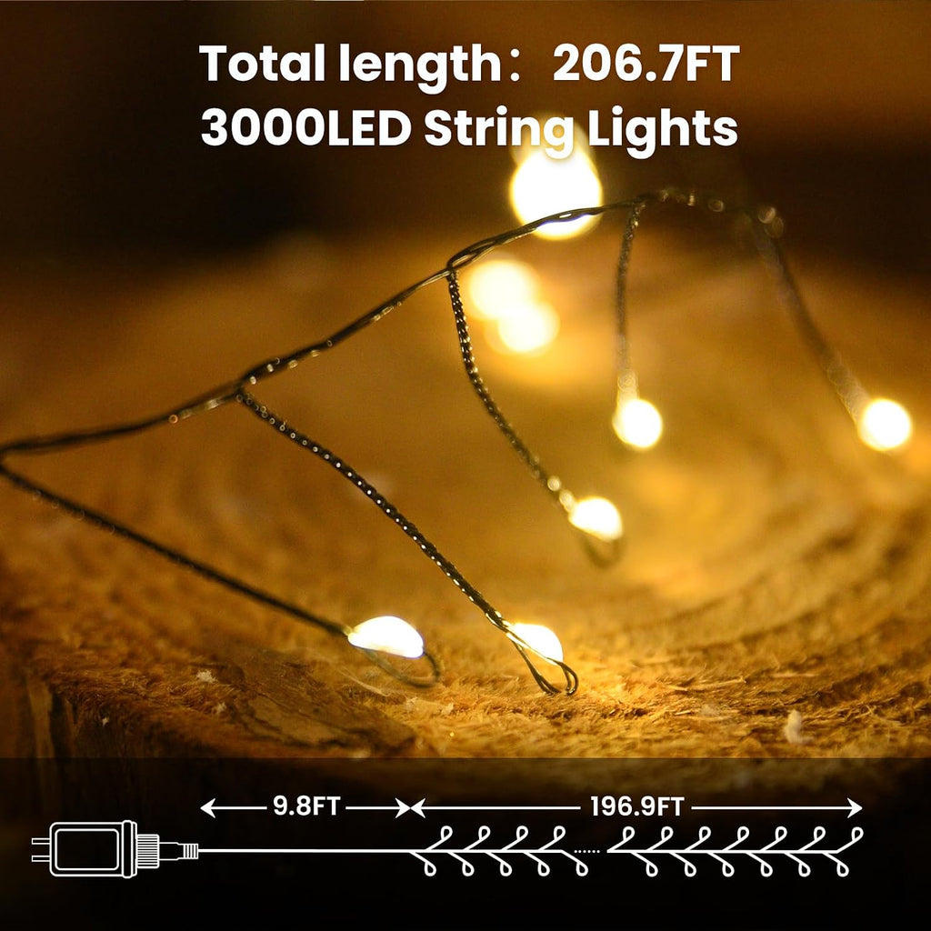 dailyart 3000led 195ft long string fairy lights plug, close-up detail