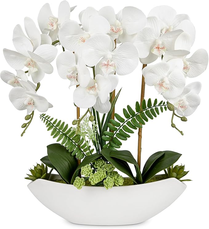 Briful Orchid Artificial Flowers 18in White Fake Orchid Silk Flowers with Ceramic Pot Faux Orchid Arrangement for Home Office Room Coffee Table Centerpiece Modern Decoration