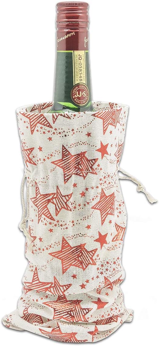 48-pack Muslin Cotton Canvas Wine Bottle Gift Bags w. Drawstring (Red Stars, ...
