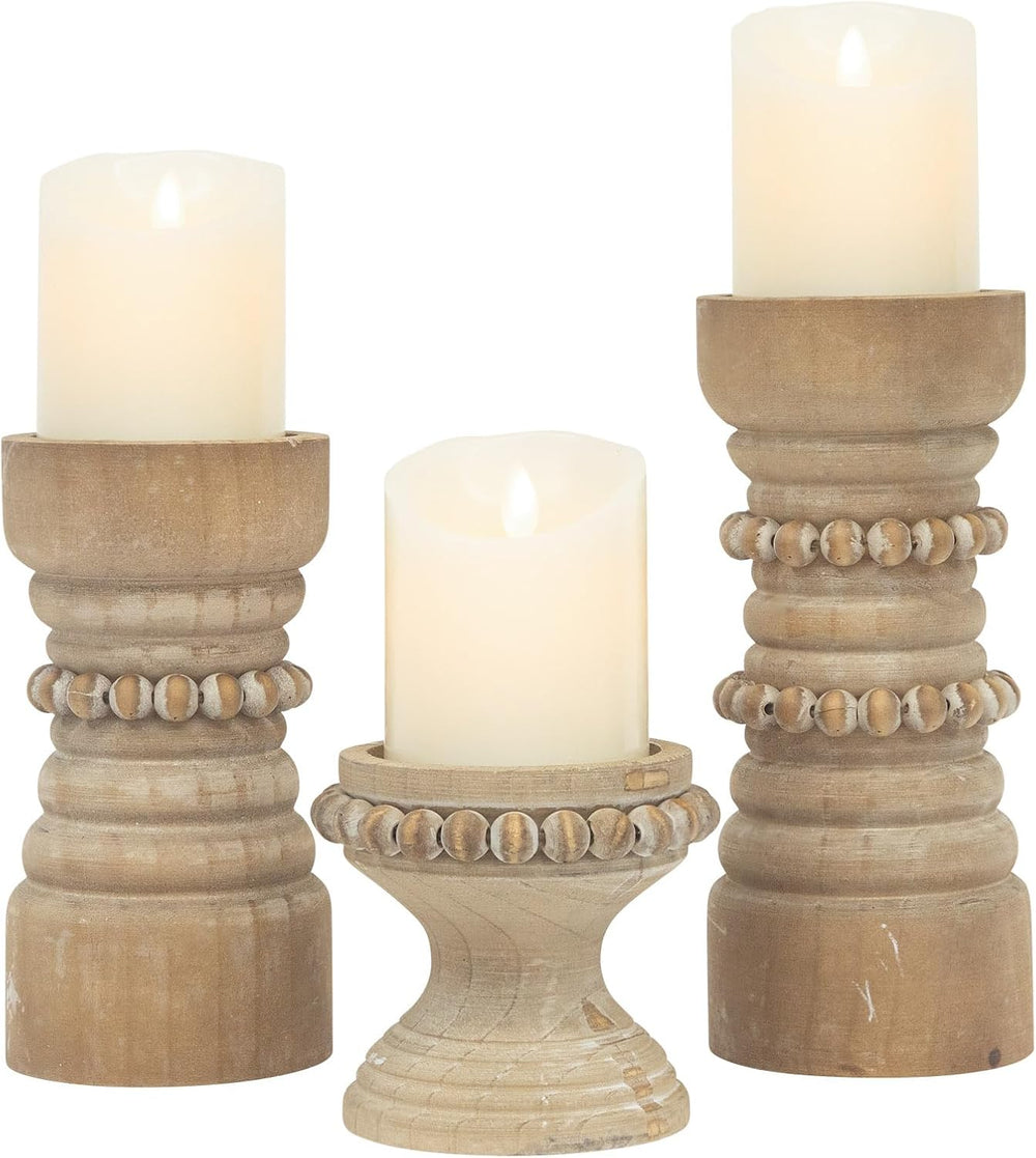 Rustic Natural Wood Candle Holders Set of 3, Farmhouse Beaded Wood Pillar Can...