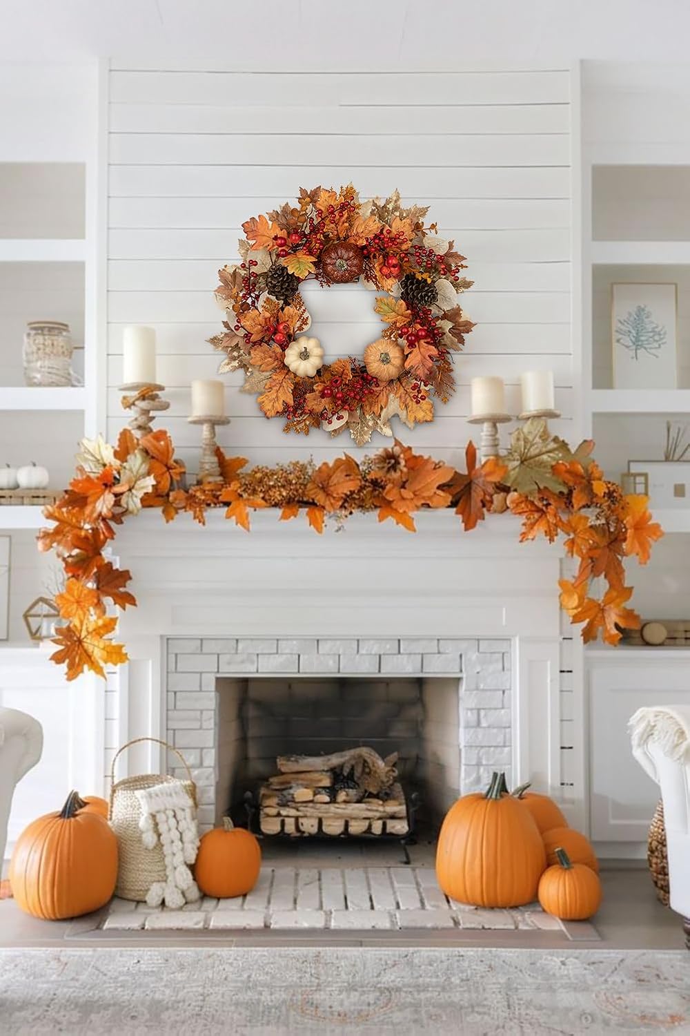 22" artificial fall wreath for front door autumn, package contents