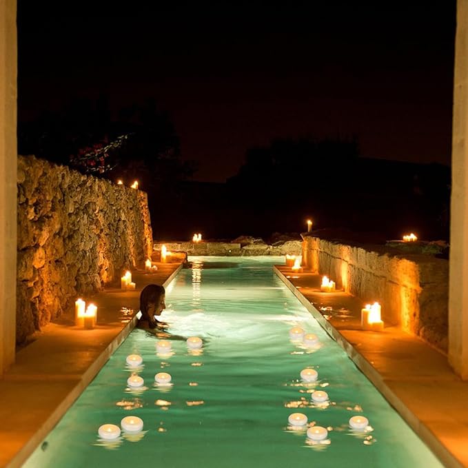 Set of 48 Waterproof Flameless Floating Tealights, 120+ Hour Warm White Battery Flickering LED Tea Lights Candles - Wedding, Party, Centerpiece, Pool & SPA.