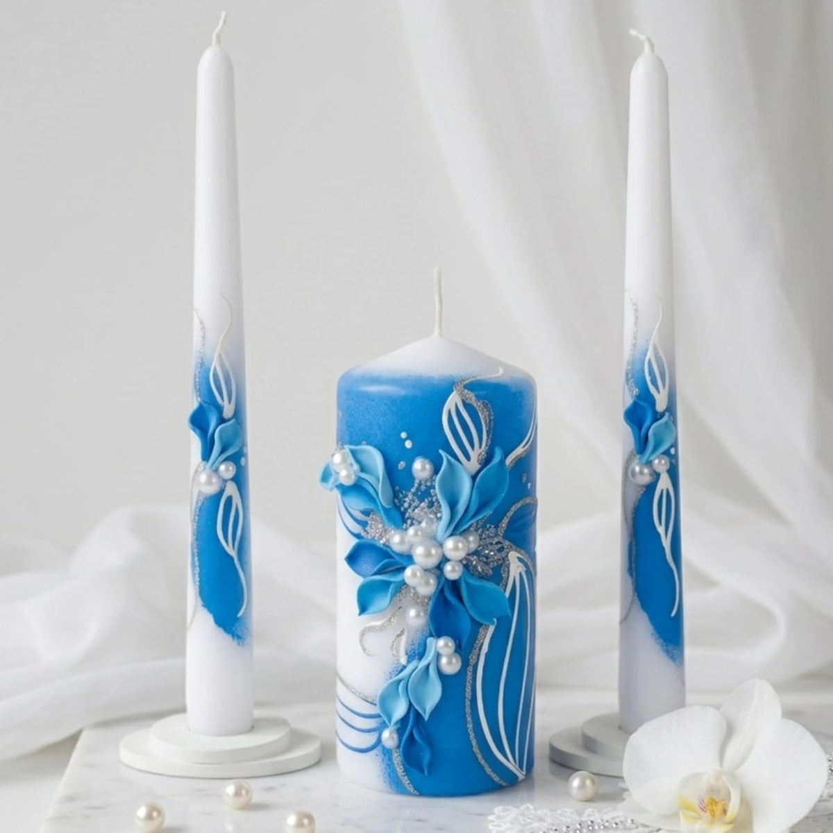Unity Candle Set for Wedding Ceremony & Reception – 6” Pillar & Two 10” Taper Candles – Wedding Decor for Reception and Church Services – Handmade in USA –White | Royal Blue