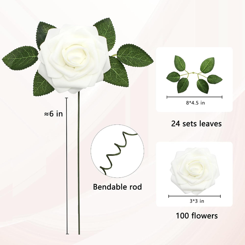 100 PCS White Artificial Flowers Realistic Roses - Real Looking Fake Roses wi...