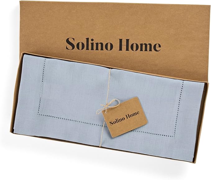Solino Home Linen Dusty Blue Table Runner 36 Inches - Classic Hemstitch, 100% Pure Linen Coffee Table Runner 14 x 36 Inch Ideal for Dresser Tables - Fall, Autumn, Halloween, Thanksgiving